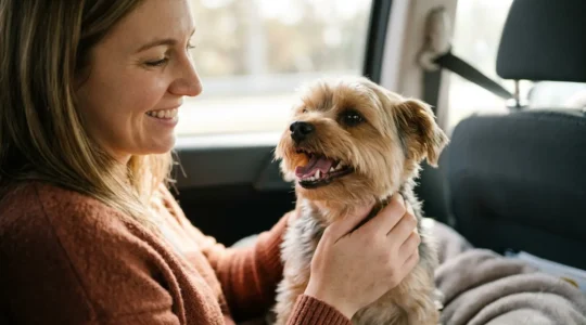 Chien profitant d'un moment de complicité avec son propriétaire illustrant l'importance de l'hygiène bucco-dentaire pour des voyages sereins