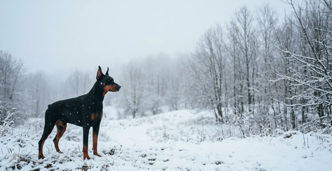 Chien robuste contemplant un paysage hivernal enneigé, symbolisant la résistance naturelle et la santé canine en période froide