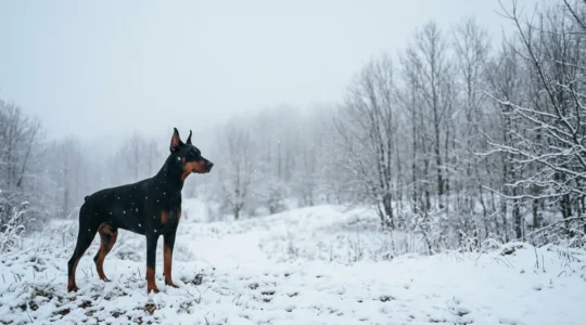 Chien robuste contemplant un paysage hivernal enneigé, symbolisant la résistance naturelle et la santé canine en période froide