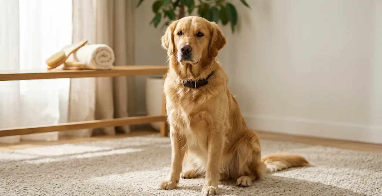 Portrait d'un chien Golden Retriever à l'intérieur d'une maison moderne, avec un regard calme et apaisé