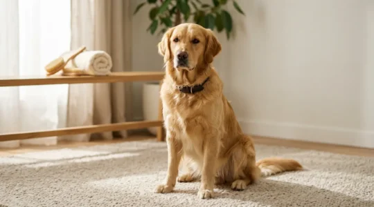 Portrait d'un chien Golden Retriever à l'intérieur d'une maison moderne, avec un regard calme et apaisé