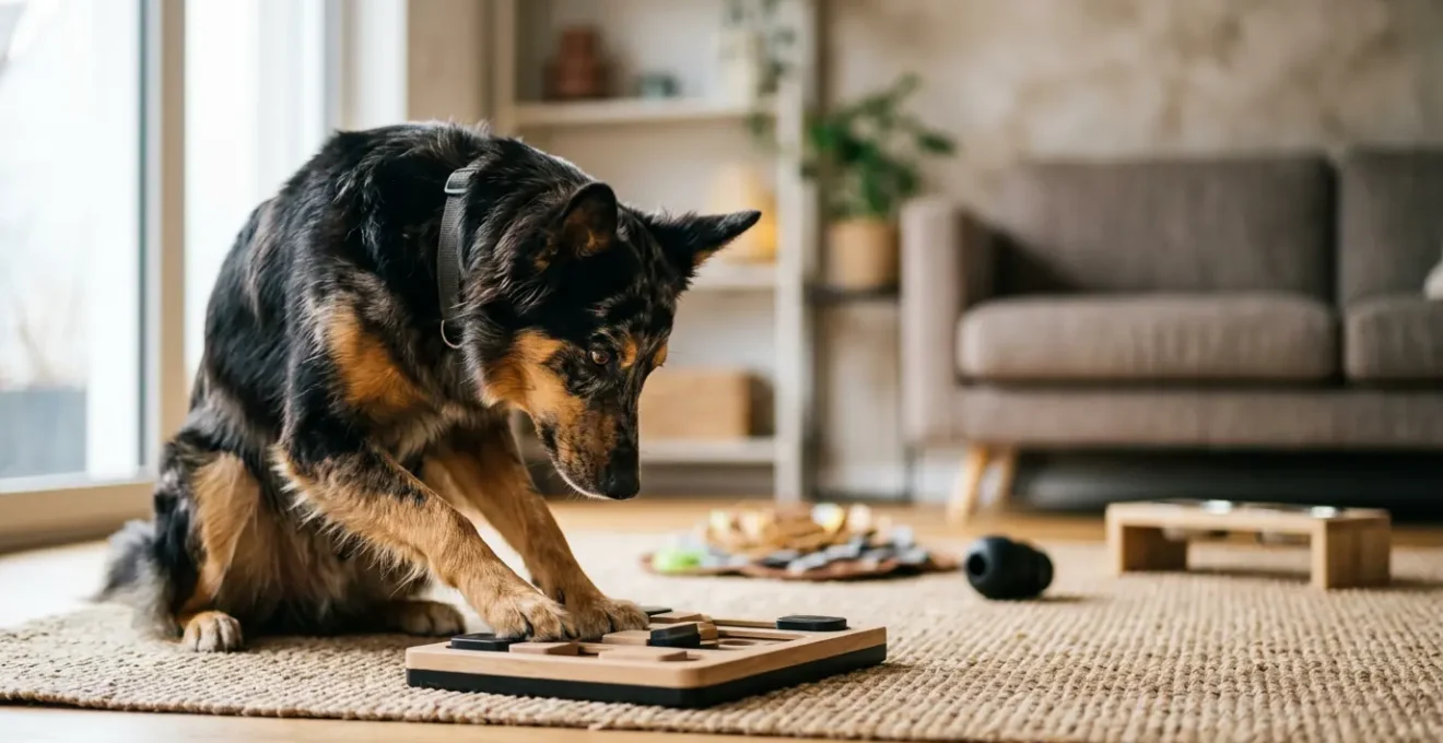 Chien concentré avec des jouets d'occupation intelligents disposés dans un salon moderne
