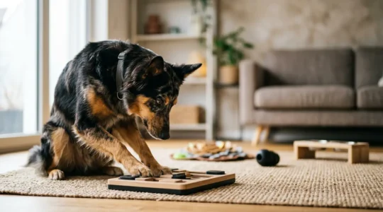 Chien concentré avec des jouets d'occupation intelligents disposés dans un salon moderne
