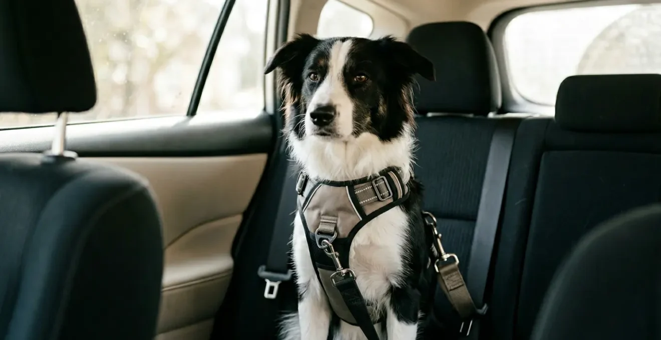 Chien de taille moyenne portant un harnais de sécurité rembourré relié à la ceinture de sécurité sur la banquette arrière d'une voiture