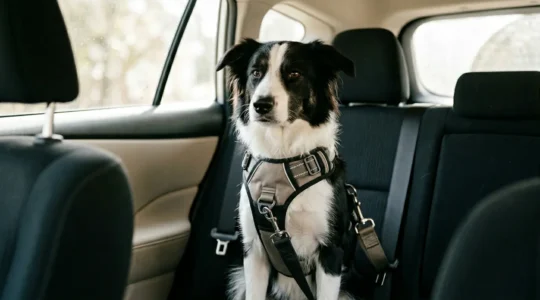 Chien de taille moyenne portant un harnais de sécurité rembourré relié à la ceinture de sécurité sur la banquette arrière d'une voiture