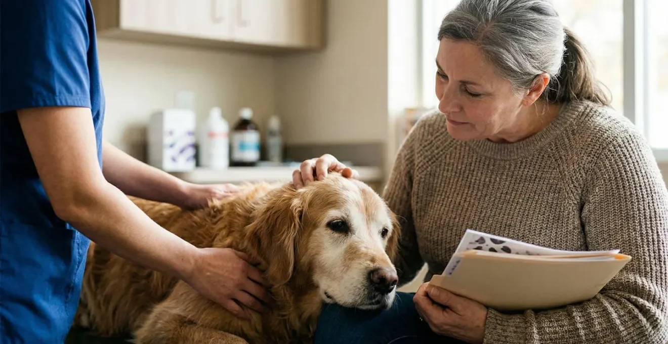 Chien âgé lors d'une consultation vétérinaire avec propriétaire et documents