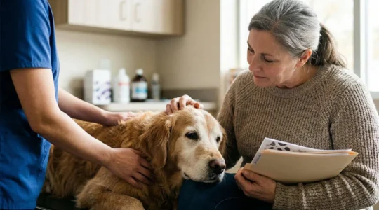 Chien âgé lors d'une consultation vétérinaire avec propriétaire et documents