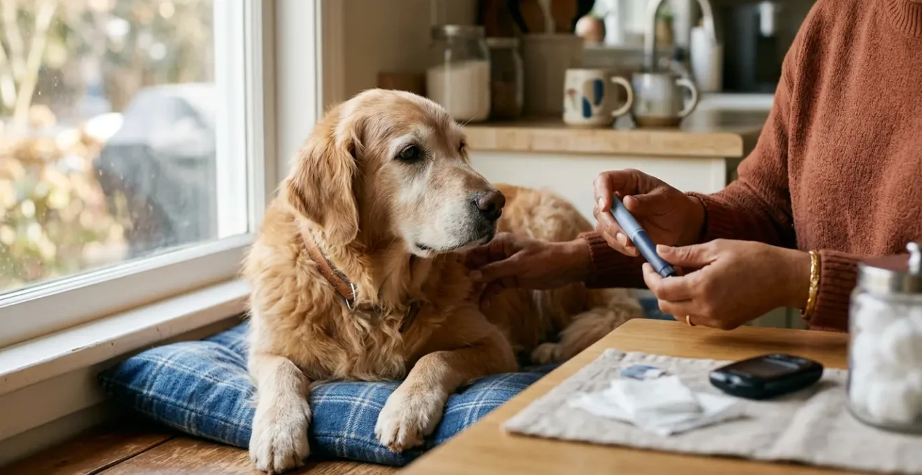 Chien senior recevant une injection d'insuline dans un environnement domestique chaleureux
