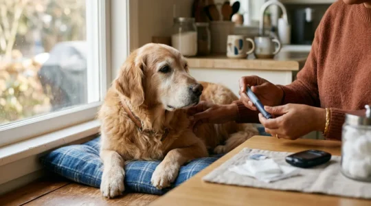 Chien senior recevant une injection d'insuline dans un environnement domestique chaleureux