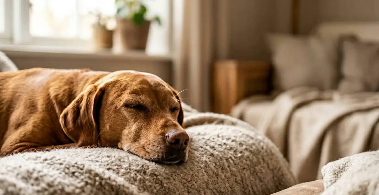 Chien en convalescence après extraction dentaire, environnement calme et apaisant