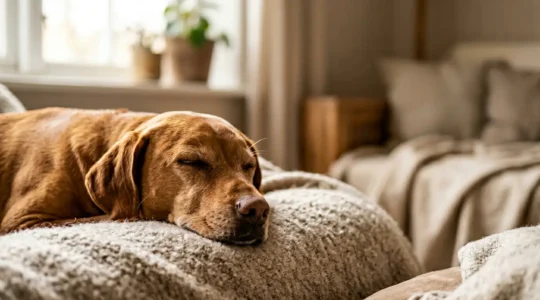 Chien en convalescence après extraction dentaire, environnement calme et apaisant