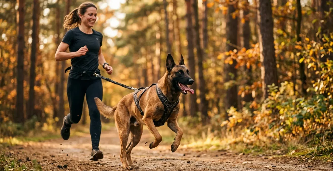 Chien sportif en pleine course lors d'une séance de canicross avec son maître, démontrant endurance et vitalité grâce à une nutrition équilibrée