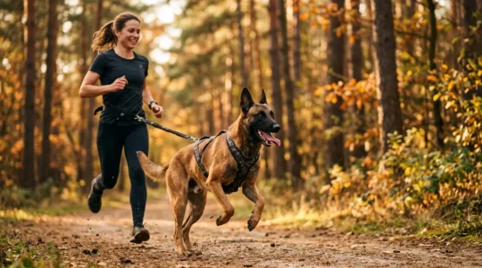 Chien sportif en pleine course lors d'une séance de canicross avec son maître, démontrant endurance et vitalité grâce à une nutrition équilibrée