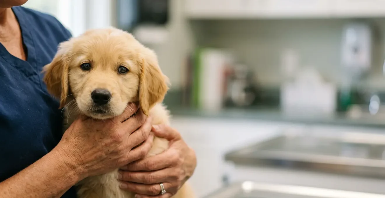 Chiot de deux mois lors d'une consultation veterinaire pour sa premiere vaccination