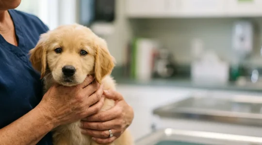 Chiot de deux mois lors d'une consultation veterinaire pour sa premiere vaccination