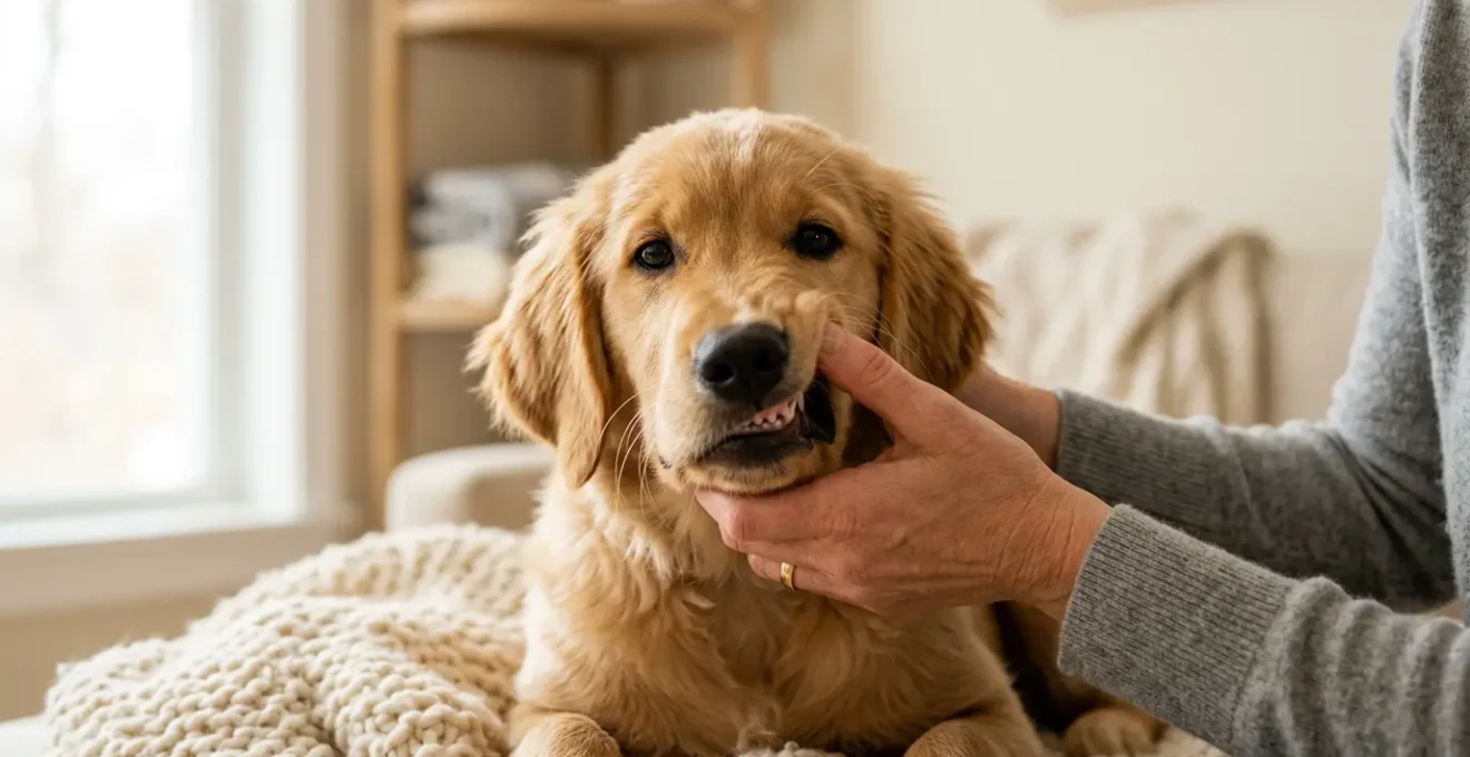 Chiot en pleine séance de soin dentaire préventif avec massage des gencives