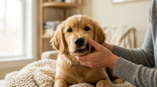 Chiot en pleine séance de soin dentaire préventif avec massage des gencives
