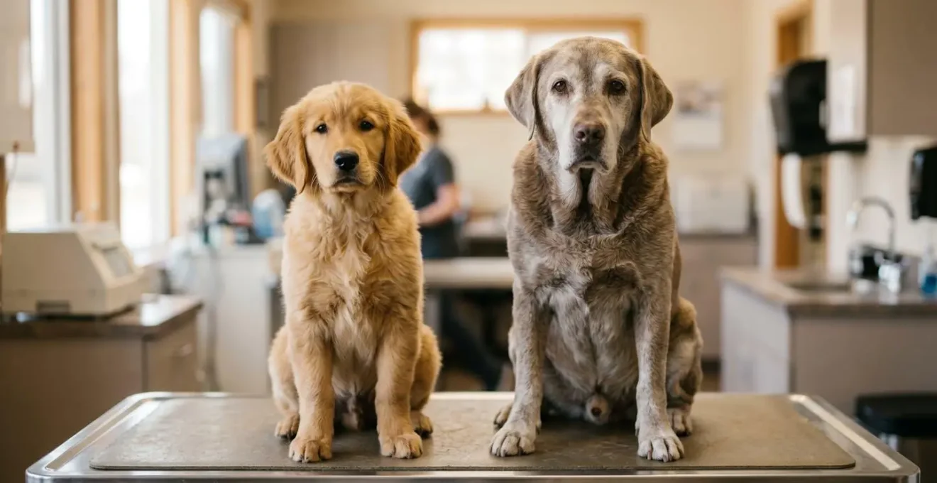 Chiot et chien âgé côte à côte dans un environnement vétérinaire