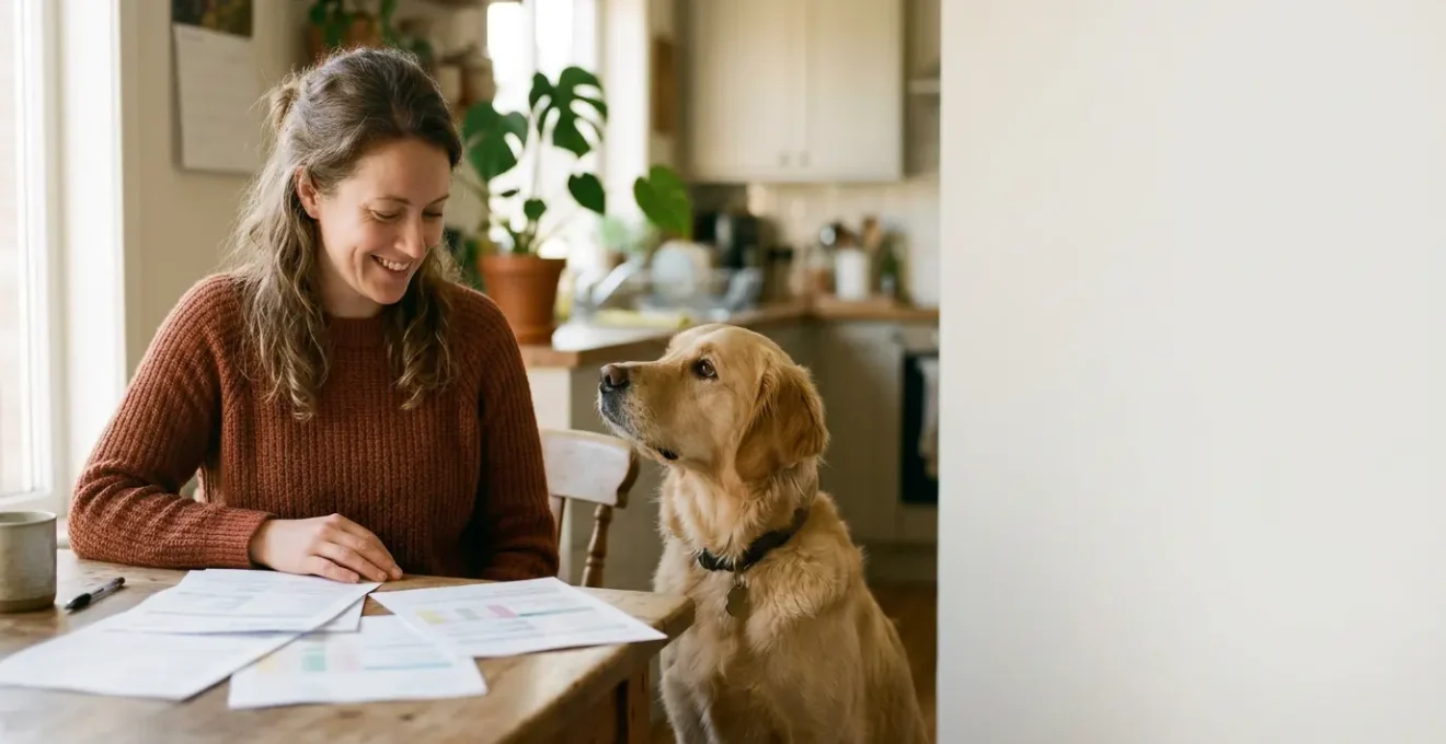 Propriétaire soulage calculant économies avec assurance vétérinaire premium