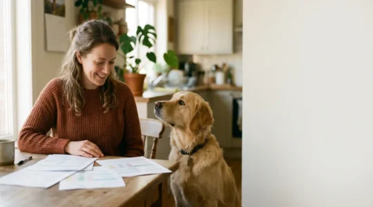 Propriétaire soulage calculant économies avec assurance vétérinaire premium