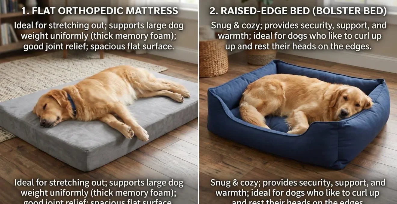 Comparaison visuelle entre un matelas orthopédique plat et un panier à rebords pour grand chien