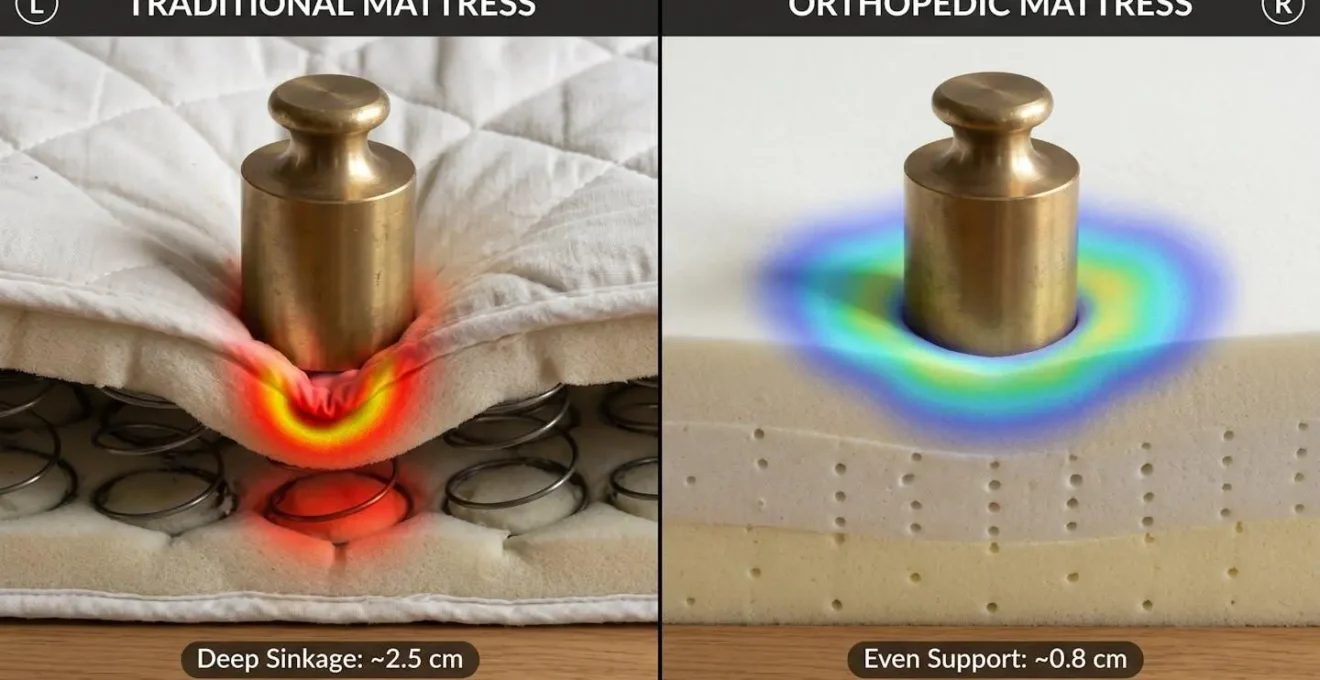 Vue macro montrant la différence de répartition de pression entre couchage classique et orthopédique