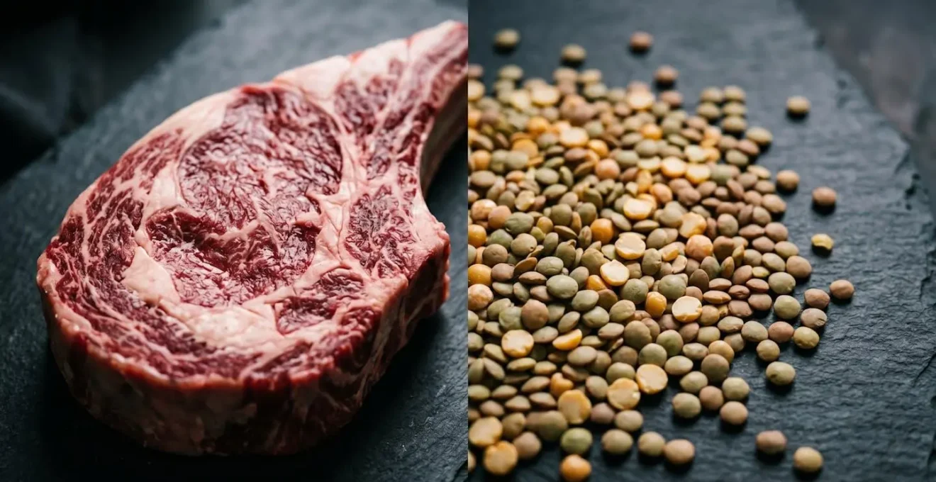 Représentation visuelle symbolique comparant les sources de protéines animales et végétales pour carnivores