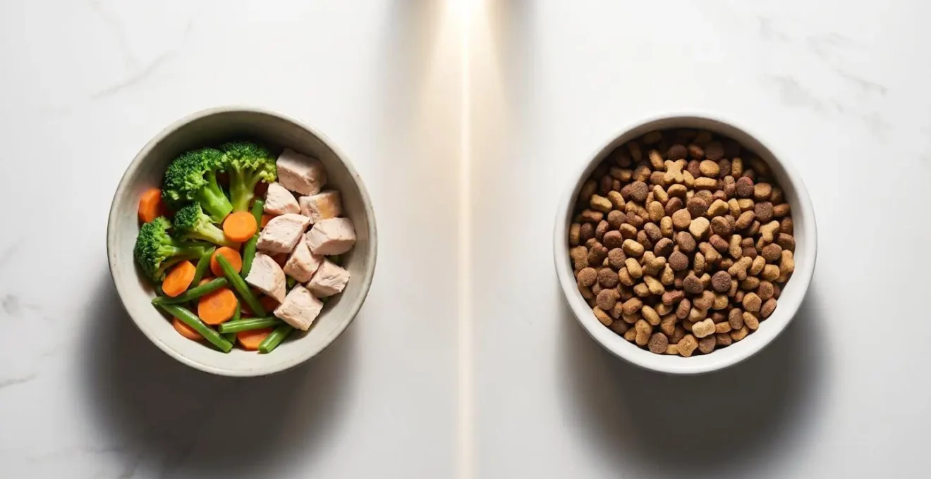 Comparaison visuelle entre ration ménagère et croquettes vétérinaires pour chat en surpoids