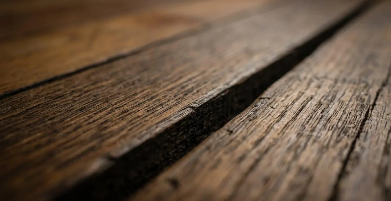 Vue rapprochée des interstices d'un parquet en bois montrant l'habitat naturel des larves de puces