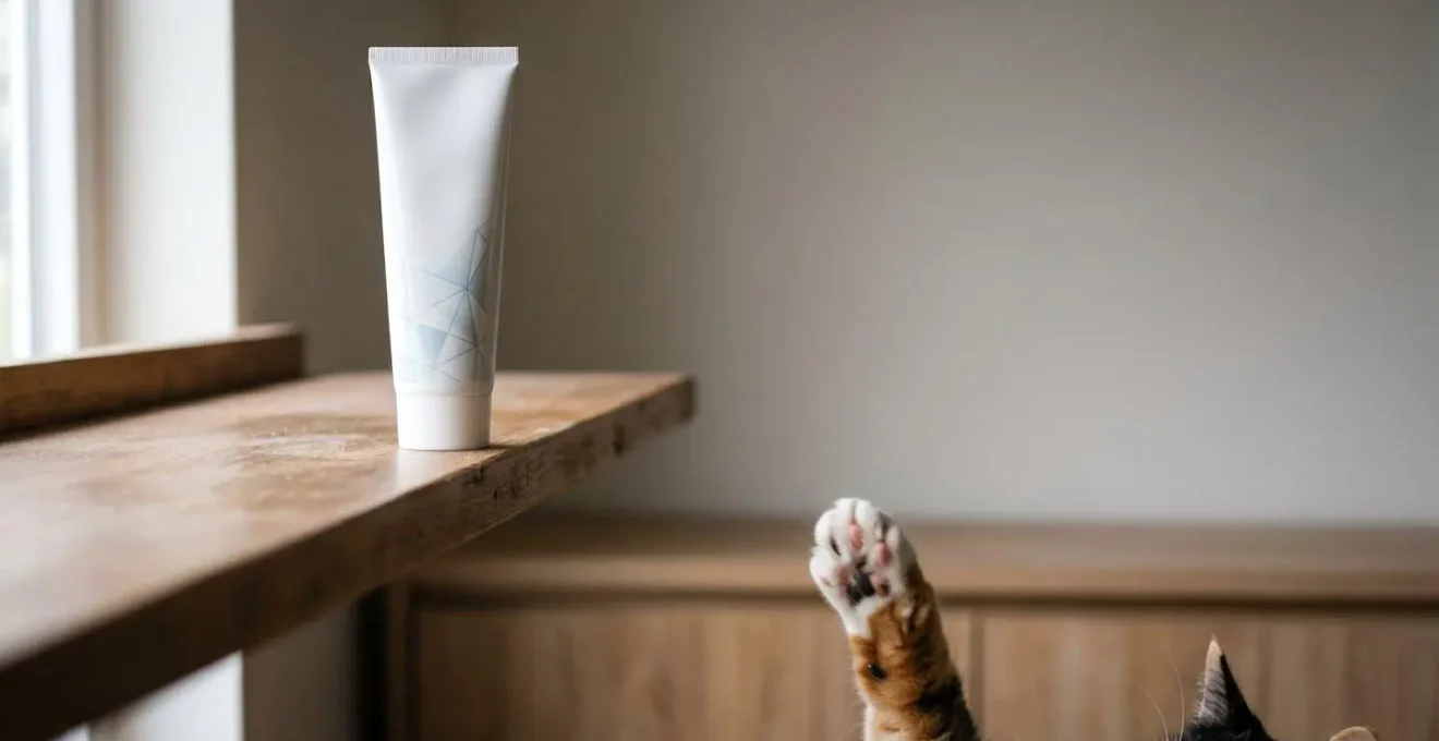 Concept symbolique de danger montrant un produit d'hygiène dentaire hors de portée d'un chat