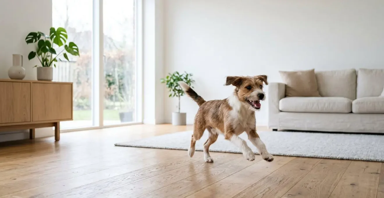 Ambiance chaleureuse montrant un jeune chien croisé en bonne santé jouant paisiblement dans un environnement serein