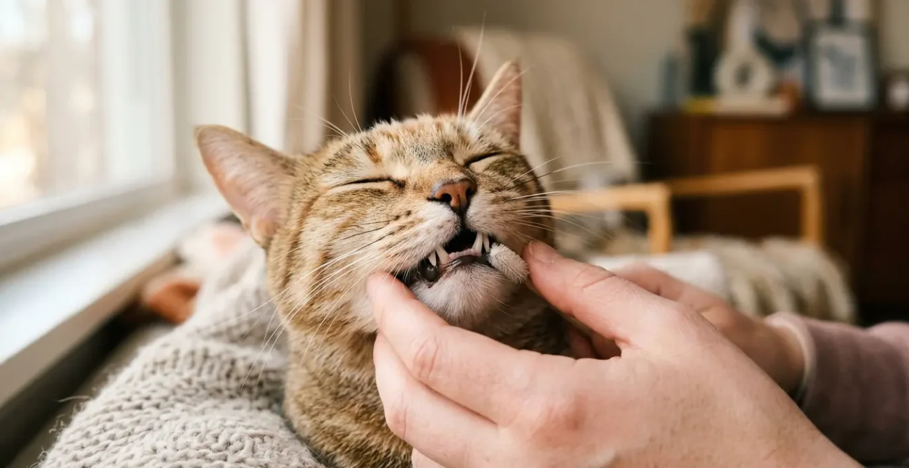 Gros plan sur les dents saines d'un chat domestique lors d'un soin bucco-dentaire