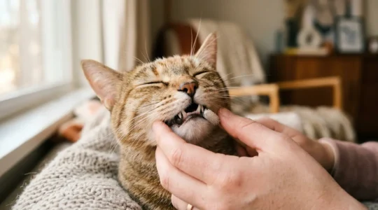 Gros plan sur les dents saines d'un chat domestique lors d'un soin bucco-dentaire