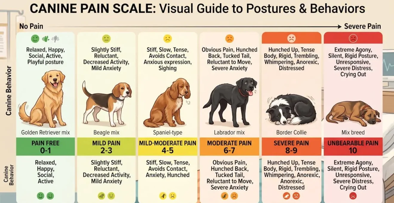 Représentation visuelle de l'échelle de douleur chez le chien avec postures caractéristiques