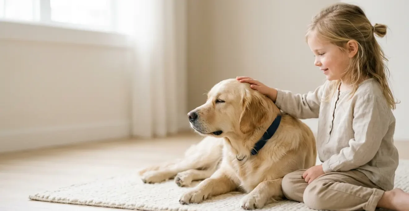 Jeune enfant en train de caresser un chien avec douceur, symbolisant la relation entre animaux de compagnie et enfants dans un contexte de prévention sanitaire