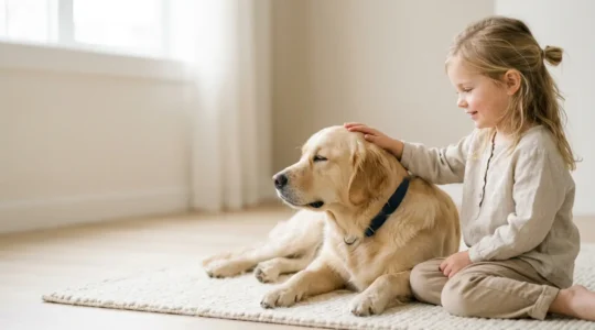 Jeune enfant en train de caresser un chien avec douceur, symbolisant la relation entre animaux de compagnie et enfants dans un contexte de prévention sanitaire