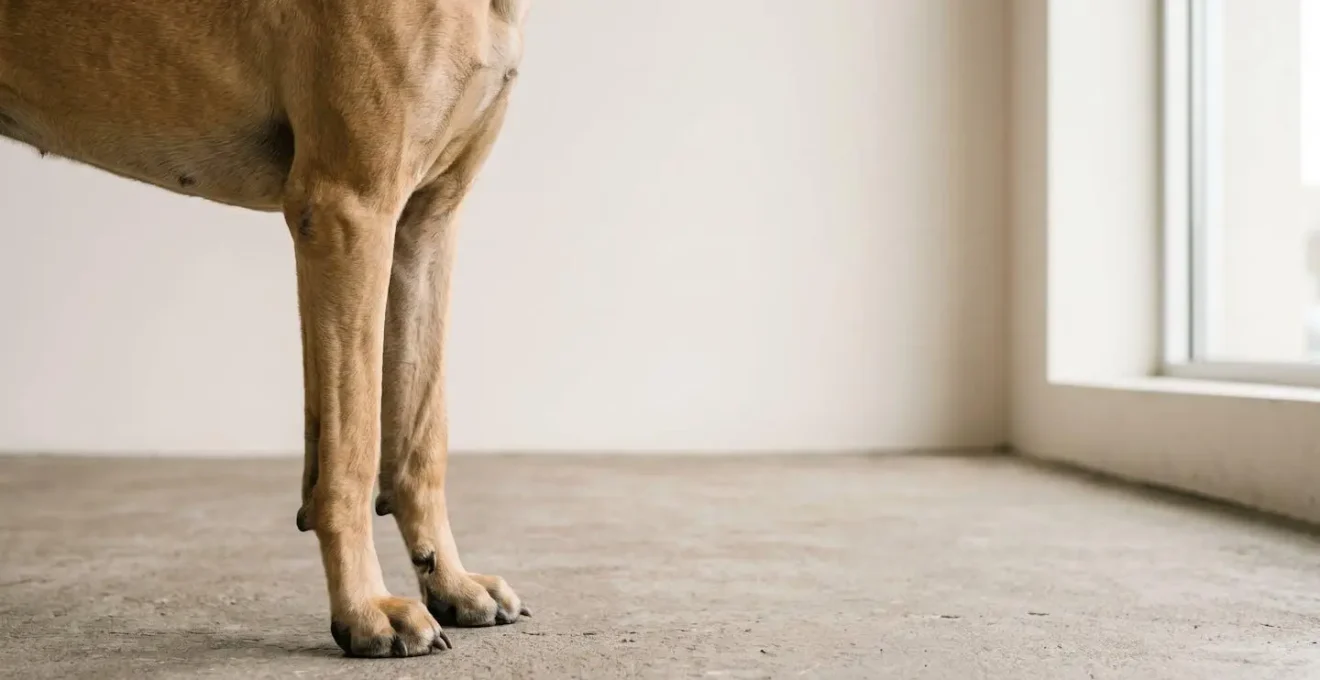 Ergot latéral sur la patte d'un chien montrant la position surélevée qui ne touche pas le sol
