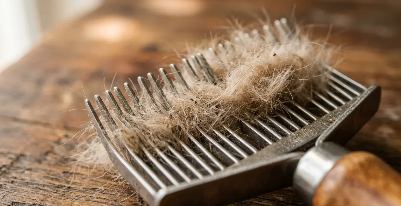 Gros plan sur une brosse étrille de toilettage professionnel avec poils d'animaux accrochés dans les dents métalliques