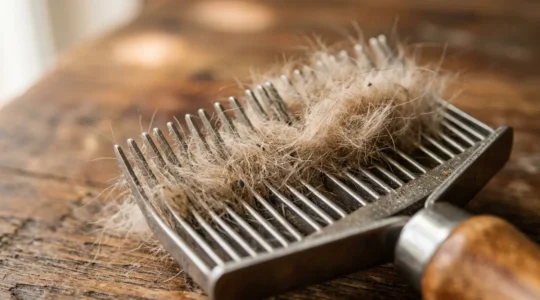 Gros plan sur une brosse étrille de toilettage professionnel avec poils d'animaux accrochés dans les dents métalliques