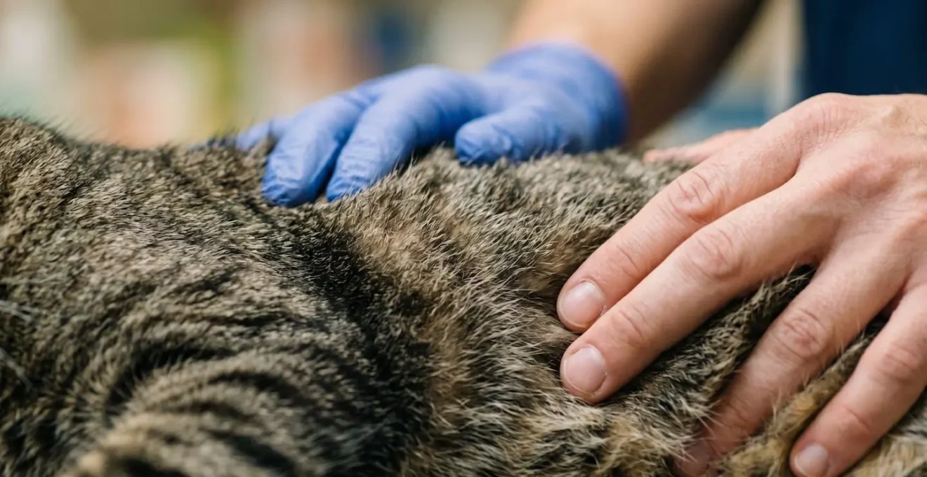 Évaluation du score corporel d'un chat par palpation vétérinaire