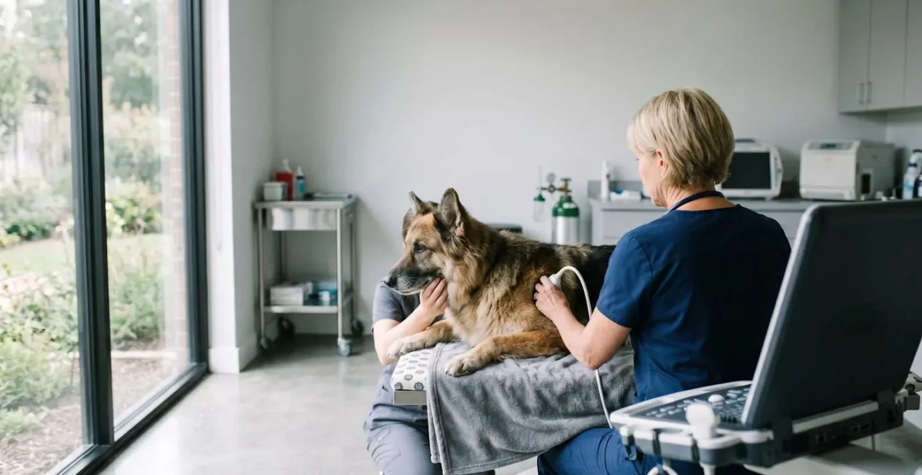 Vétérinaire réalisant une échographie cardiaque sur un grand chien âgé