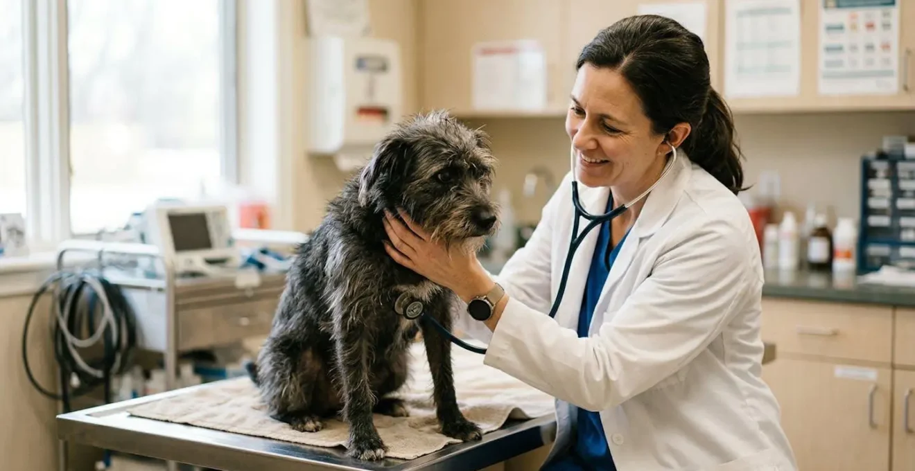 Vétérinaire examinant attentivement un chien rescapé de la rue lors d'une consultation complète