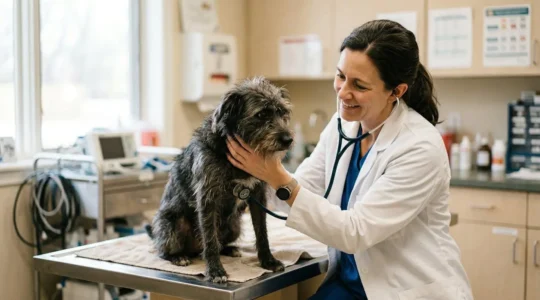 Vétérinaire examinant attentivement un chien rescapé de la rue lors d'une consultation complète