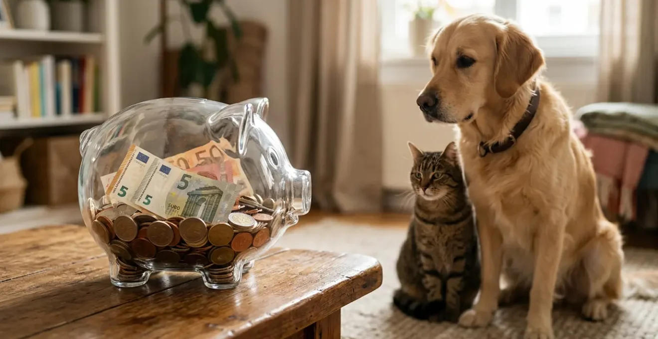Tirelire transparente remplie de pièces et billets avec un chien et un chat en arrière-plan
