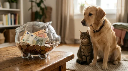 Tirelire transparente remplie de pièces et billets avec un chien et un chat en arrière-plan
