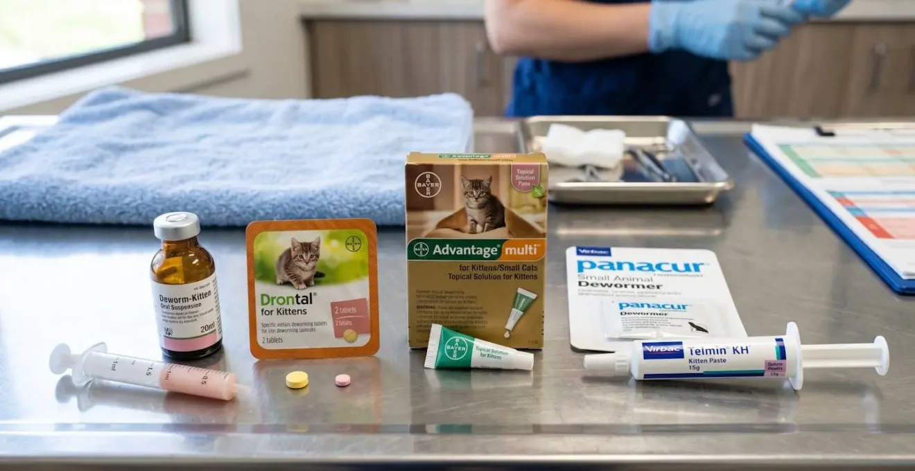 Différentes formes de vermifuges pour chatons disposées sur une surface clinique