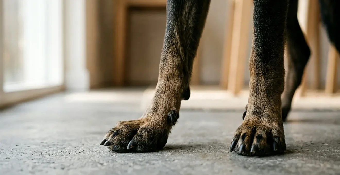 Pattes de chien avec griffes trop longues touchant le sol et posture anormale