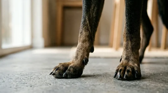 Pattes de chien avec griffes trop longues touchant le sol et posture anormale