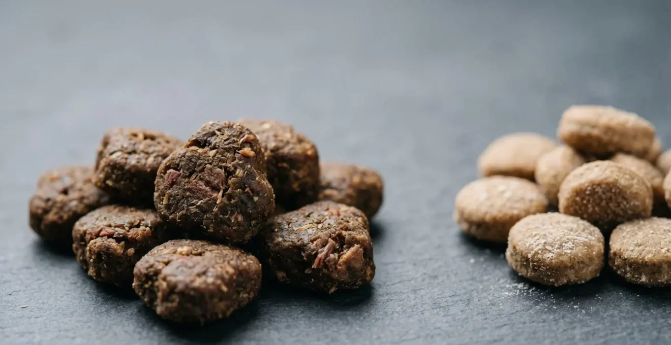 Gros plan sur des croquettes pour animaux de compagnie montrant la texture et la qualité des ingrédients