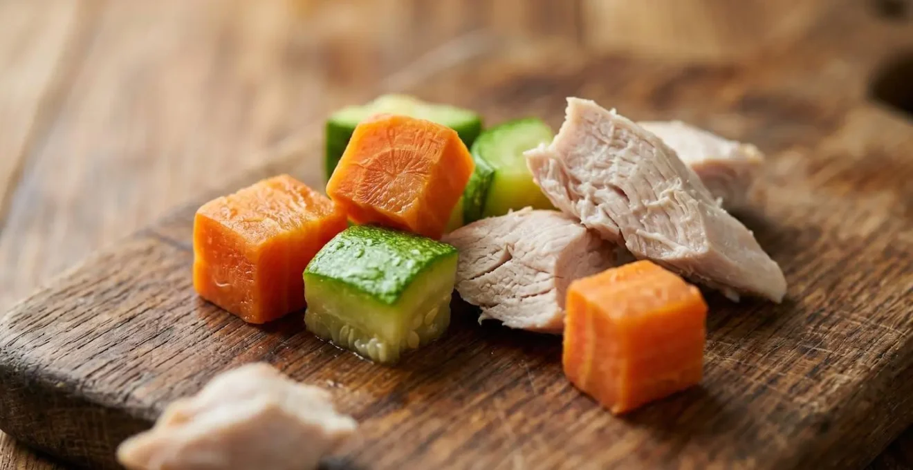 Petits dés de légumes cuits à la vapeur et morceaux de poulet sans assaisonnement, des friandises saines pour un chat insuffisant rénal.
